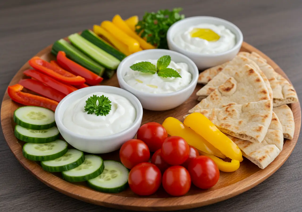 Healthy Greek Yogurt Dips" Greek yogurt dips with fresh vegetables and pita bread.
