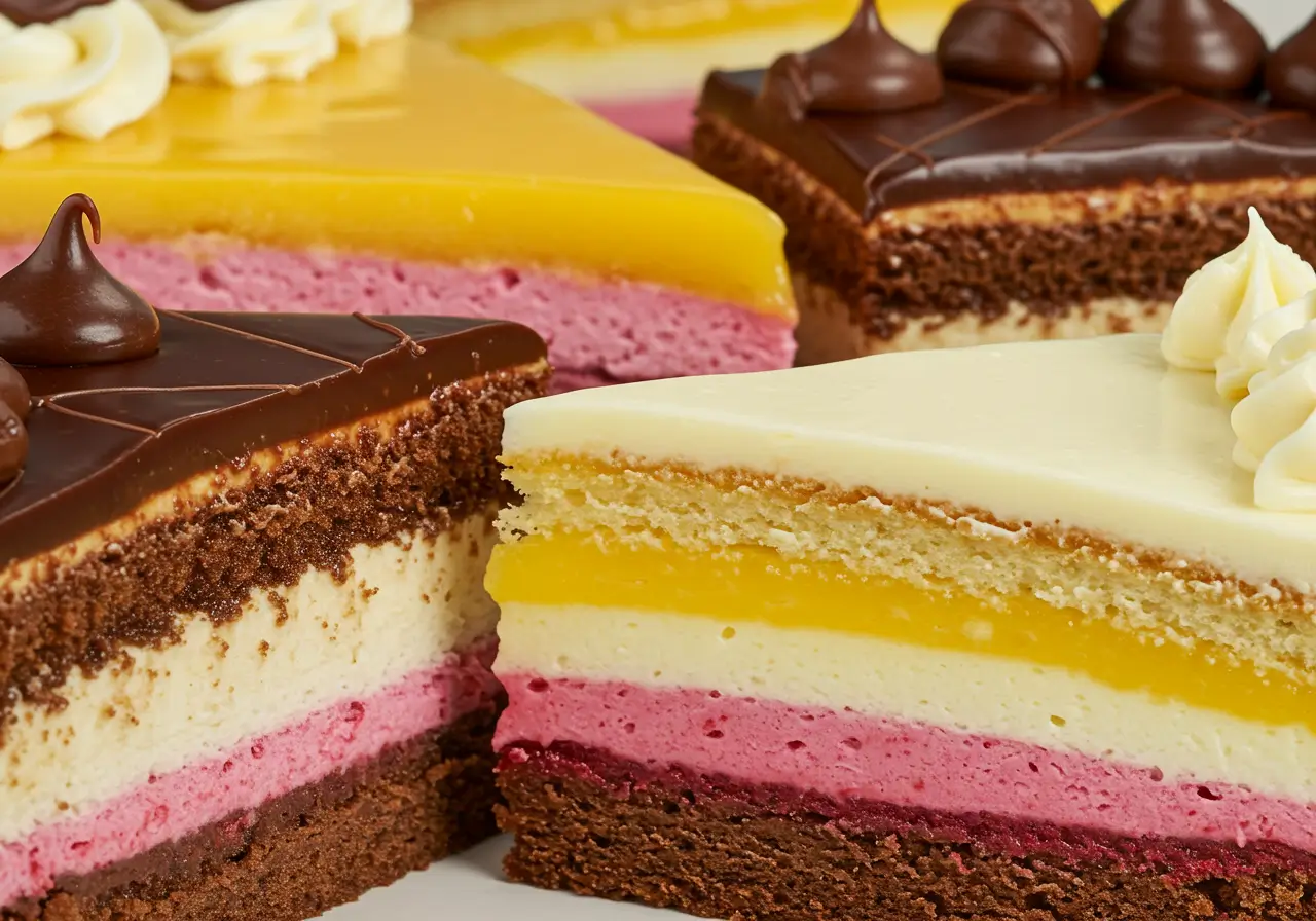 Perfect Cake and Frosting Combos Cake slices with layered fillings and frostings