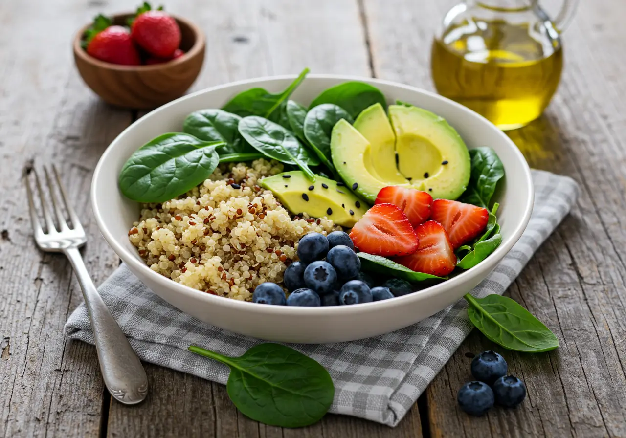 Low Histamine Breakfast Bowl with Fresh Spinach and Fruit Healthy low histamine breakfast bowl with quinoa, spinach, and fresh fruit