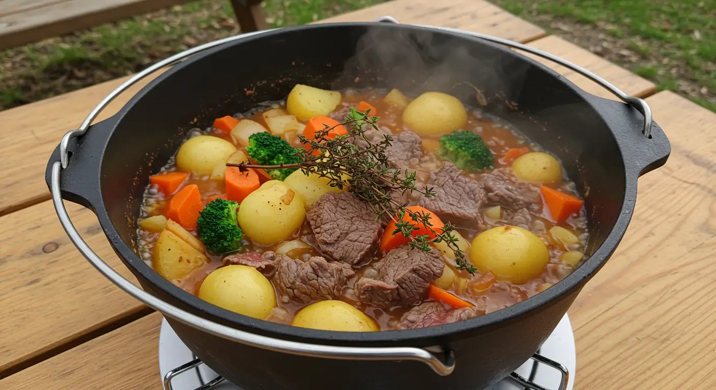 Beef stew cooking in Dutch oven at campsite