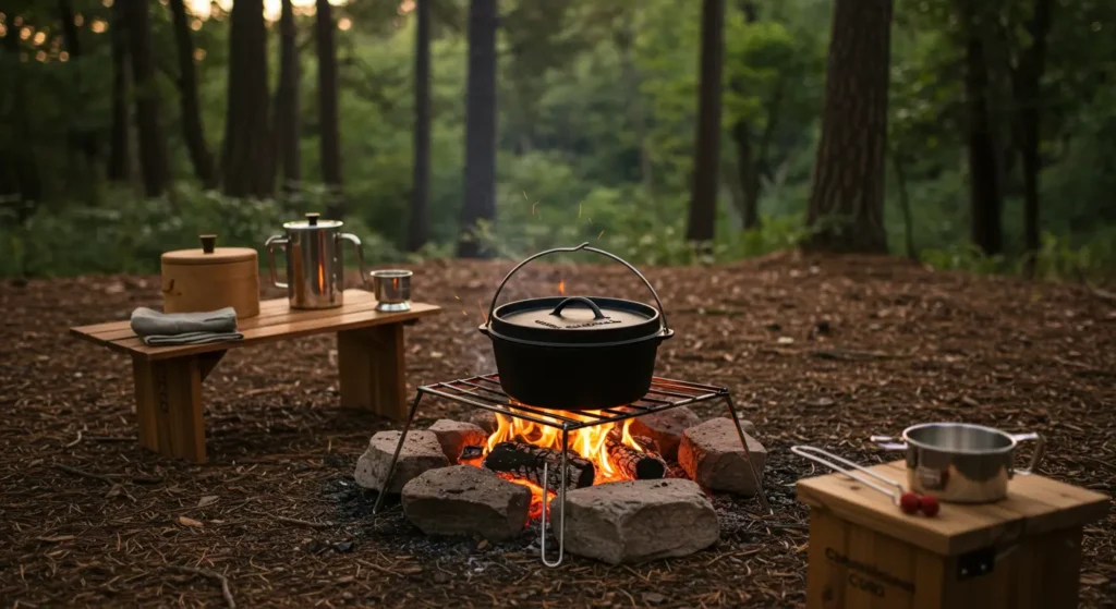 Dutch Oven Camping Recipes over campfire at rustic campsite