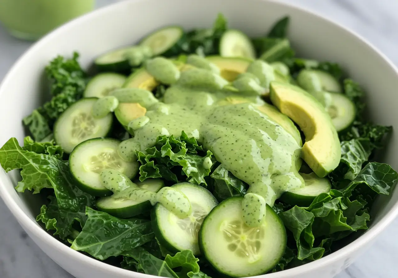 Green Goddess Salad by Baked by Melissa Bowl of Green Goddess Salad with fresh veggies.