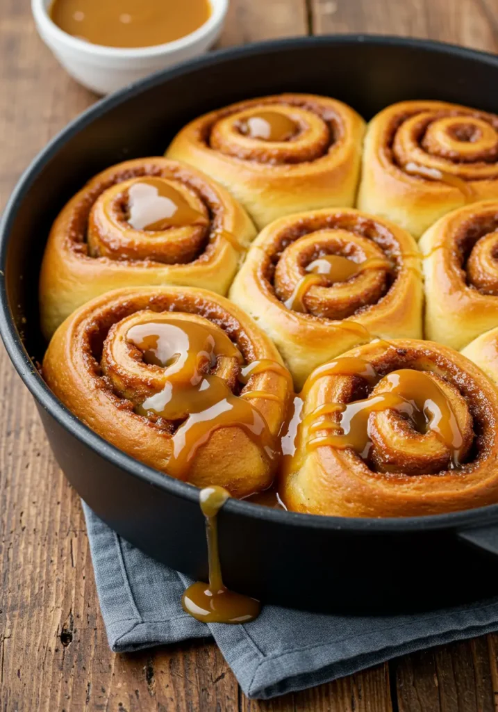 Freshly baked caramel rolls recipe with gooey caramel sauce on top