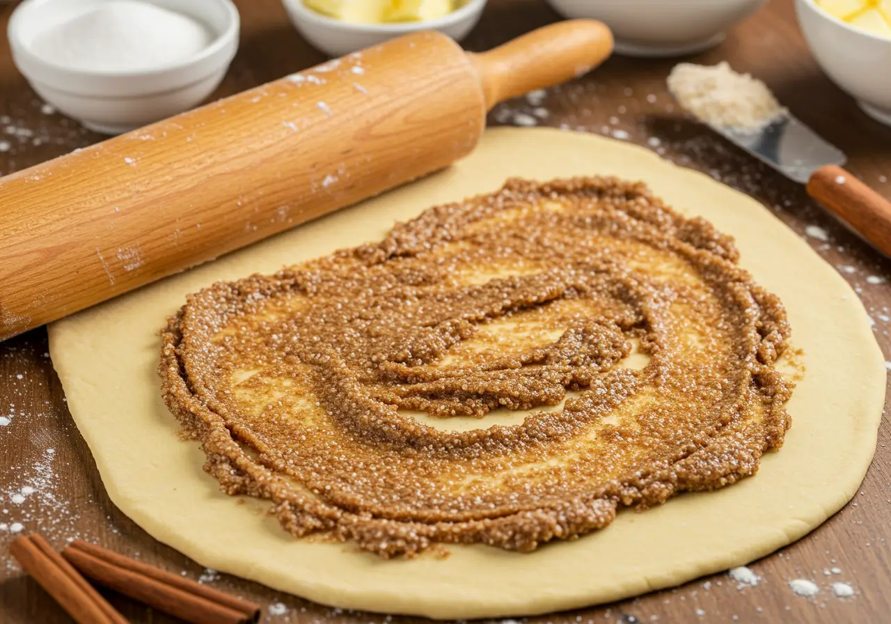 Rolling Out Dough for Caramel Rolls Rolling out dough for cinnamon caramel rolls
