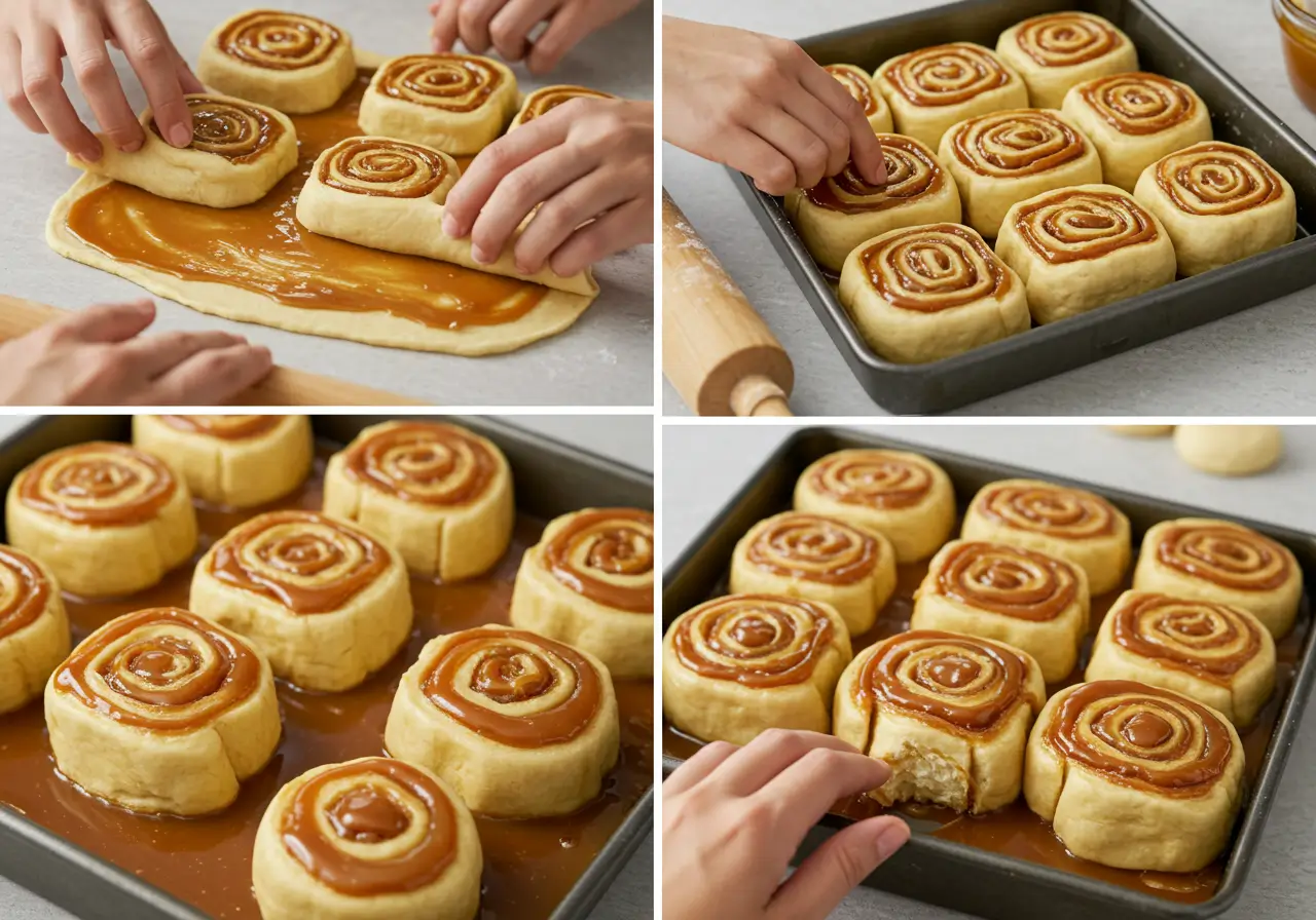 Assembling Caramel Rolls in Baking Pan Assembling caramel rolls with caramel sauce
