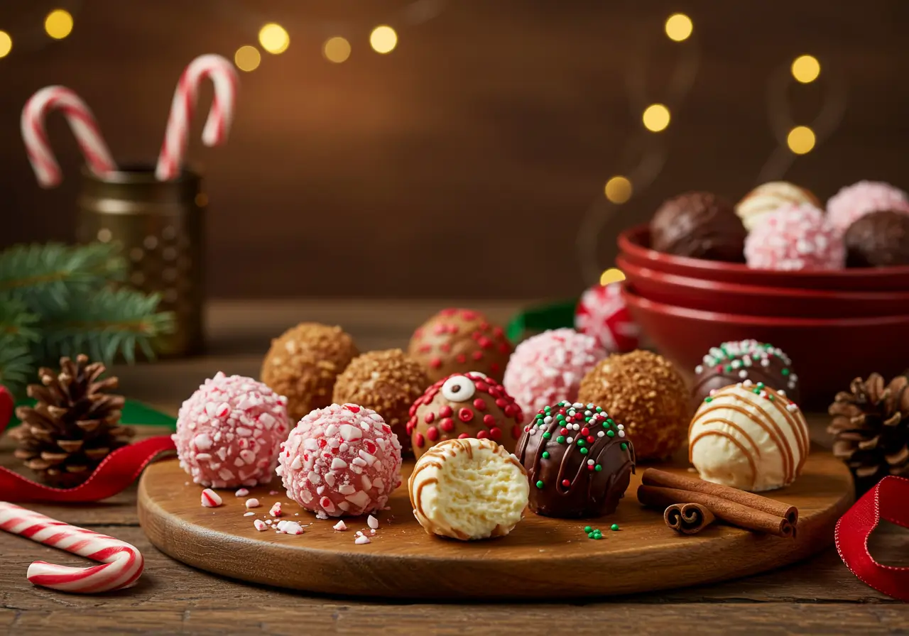 Festive Cheesecake Ball Variations Holiday-themed cheesecake balls on a rustic table