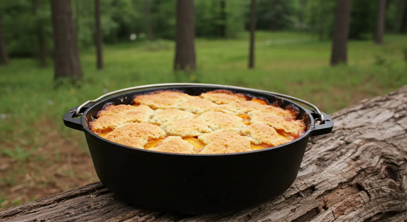 Peach cobbler in Dutch oven at campsite