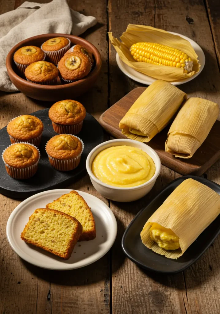 Variety of corn flour recipes including muffins, cake, tamales, and polenta on a rustic kitchen table