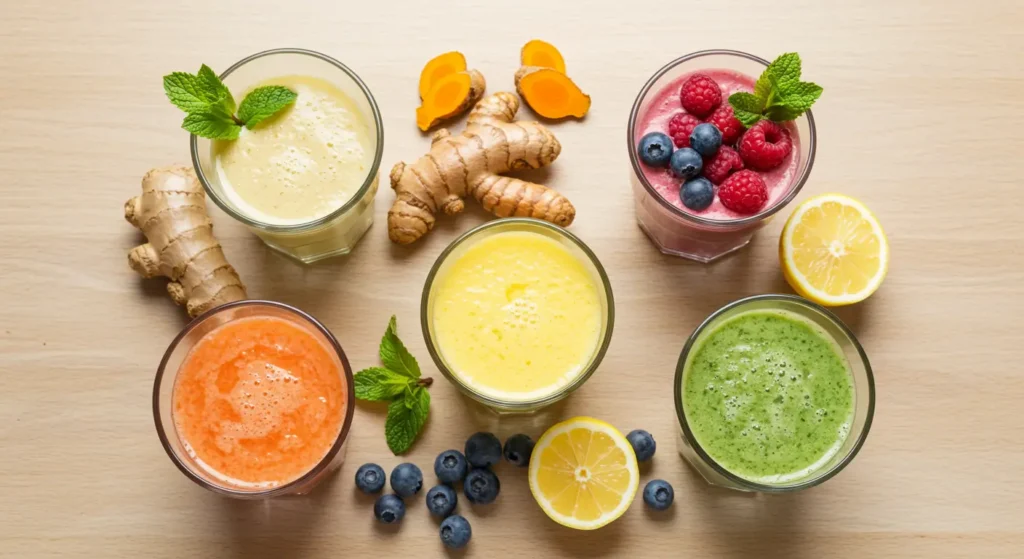 Five colorful wellness shot recipes with fresh ingredients
