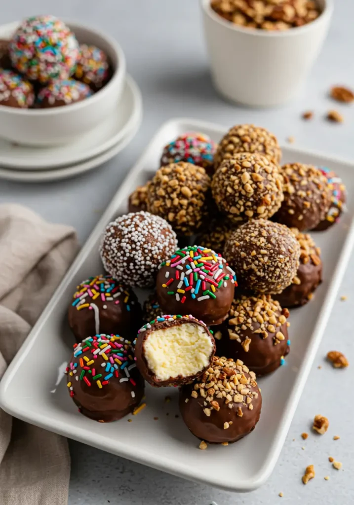 Assorted cheesecake ball recipe served on a decorative dessert platter