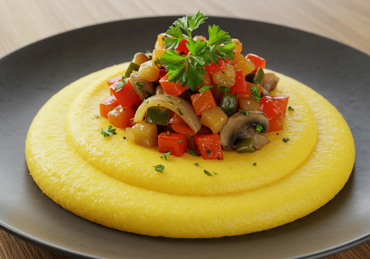 Creamy Polenta with Corn Flour Polenta made with corn flour, served with sautéed vegetables