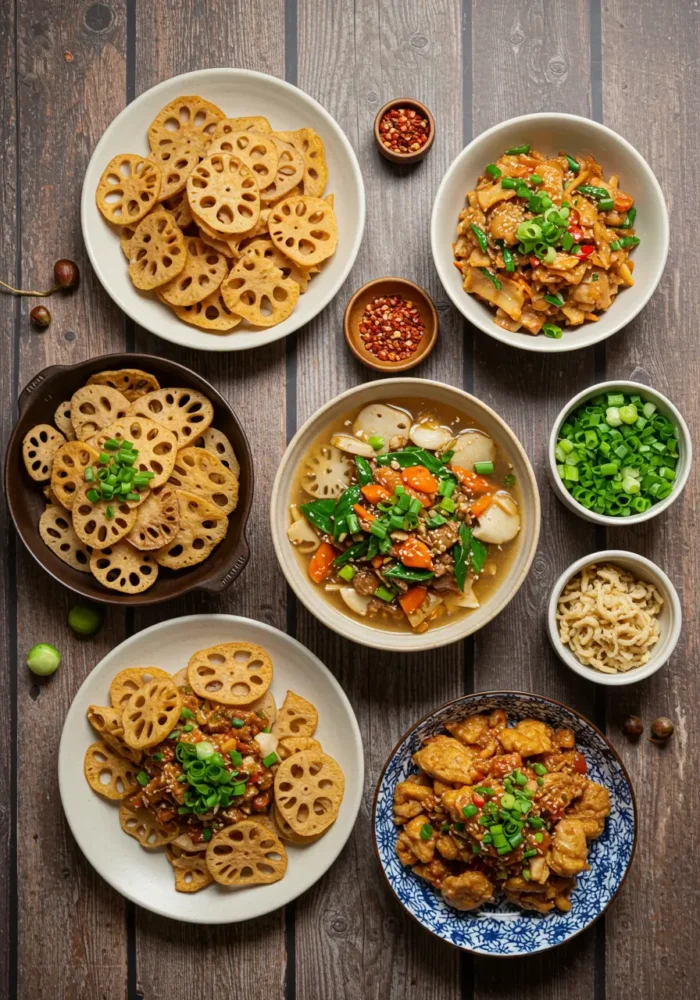 Assorted Lotus Root Recipe dishes on rustic table