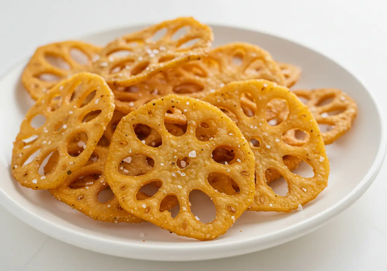 Homemade Lotus Root Chips Crispy baked lotus root chips on a plate