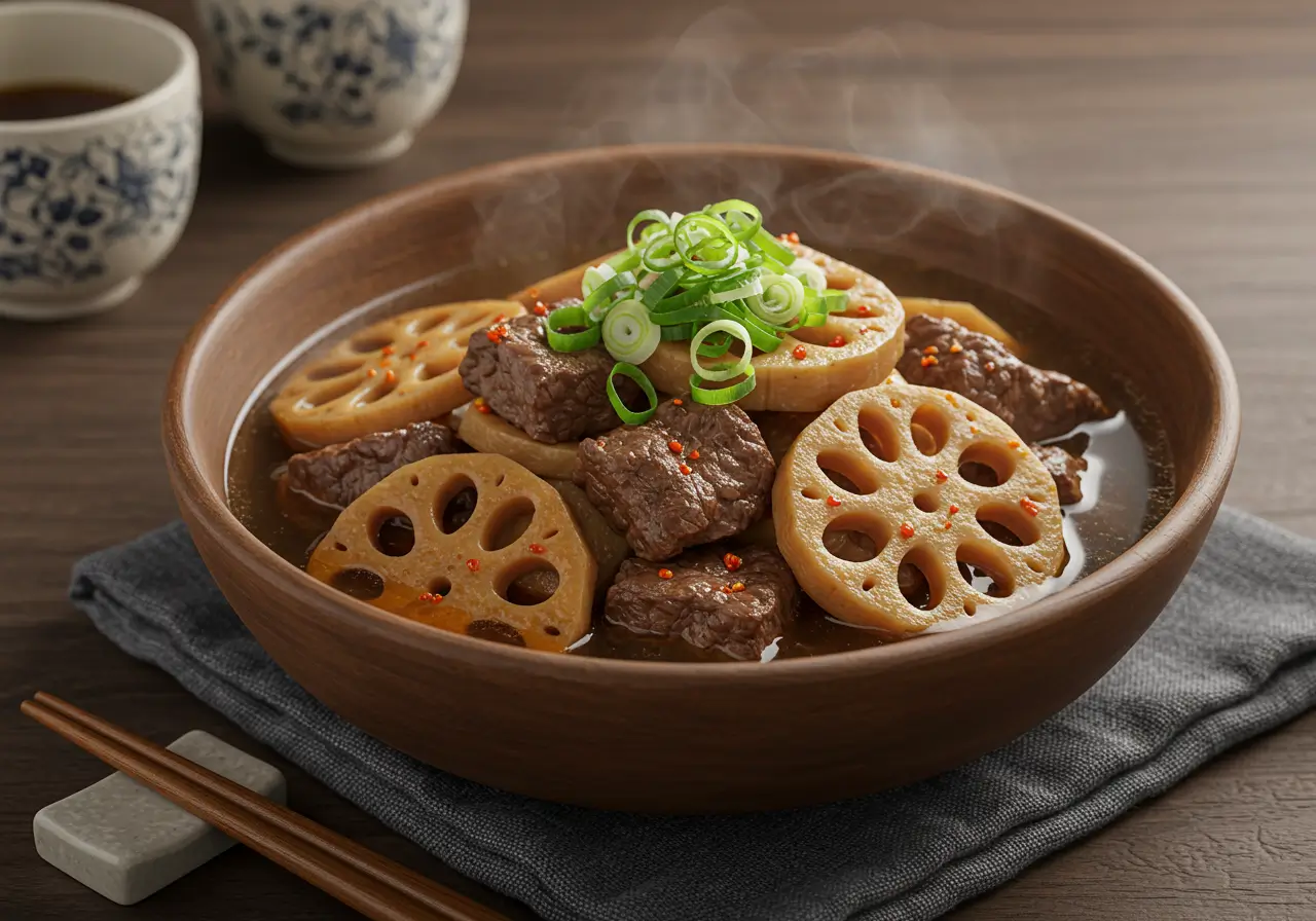 Hearty Lotus Root Beef Stew Bowl of lotus root and beef stew