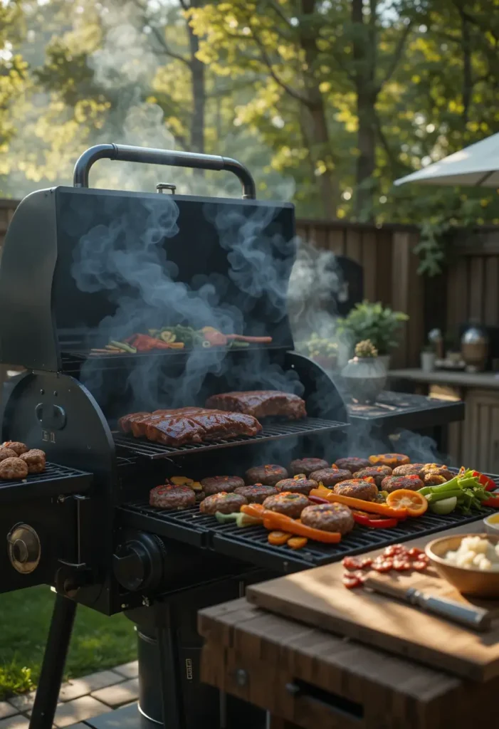 Pellet Grill Recipes meat and vegetables in a backyard BBQ