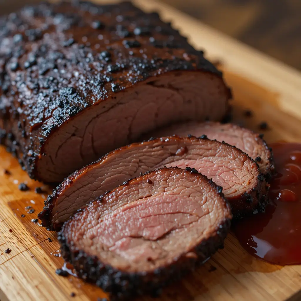 Juicy Smoked Brisket on Pellet Grill Smoked brisket sliced with BBQ sauce on a wooden board