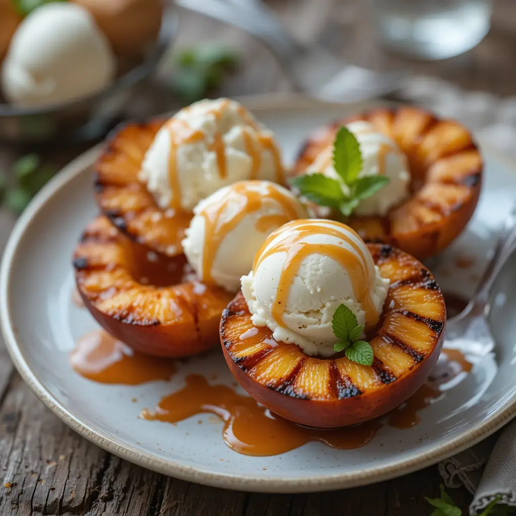 Grilled Peaches Dessert from Pellet Grill Grilled peaches with vanilla ice cream and caramel