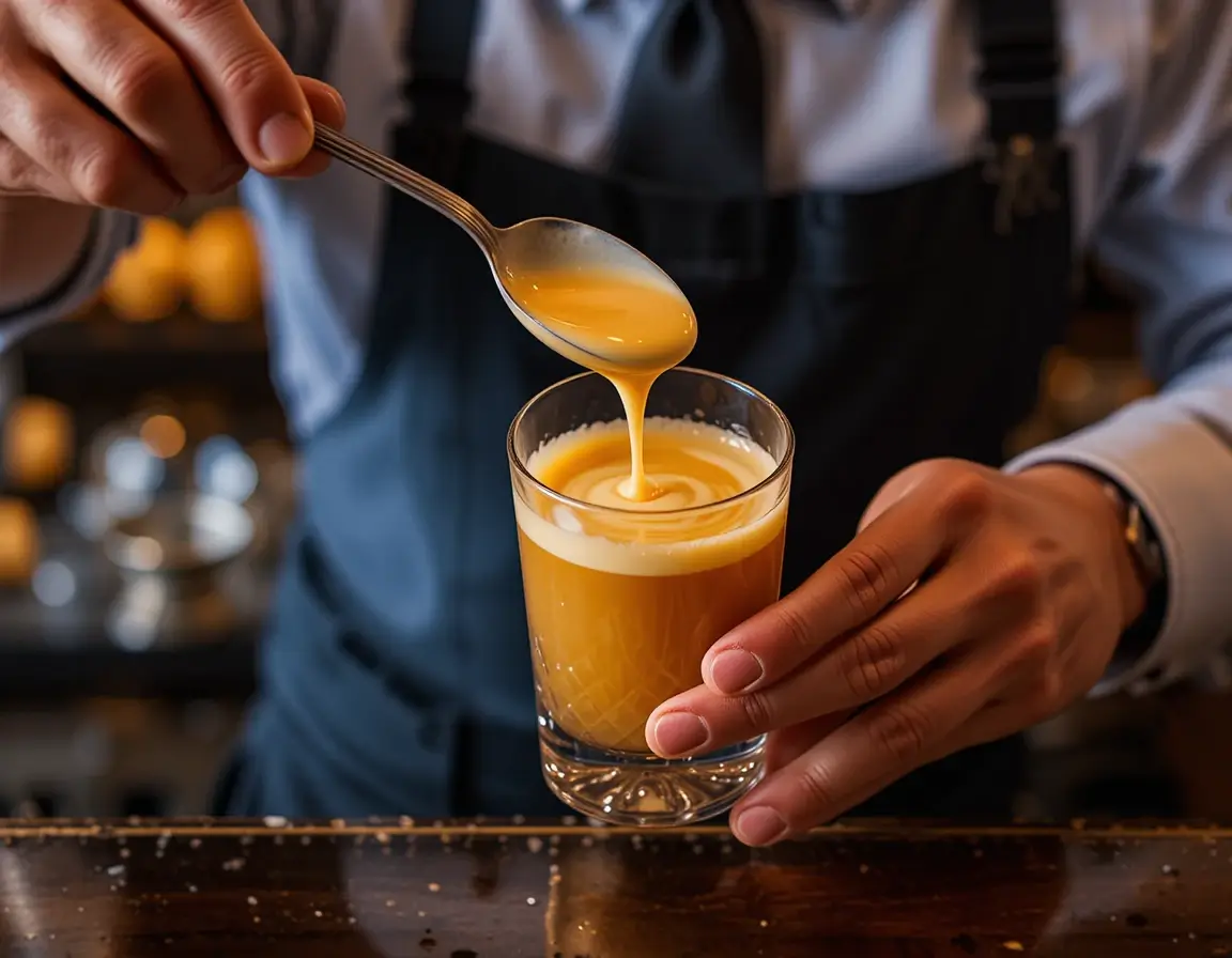 Pouring Irish Cream Over Butterscotch Bartender layering Buttery Nipple cocktail