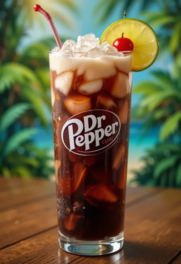 A refreshing glass of Dirty Dr Pepper recipe garnished with lime and cherry.