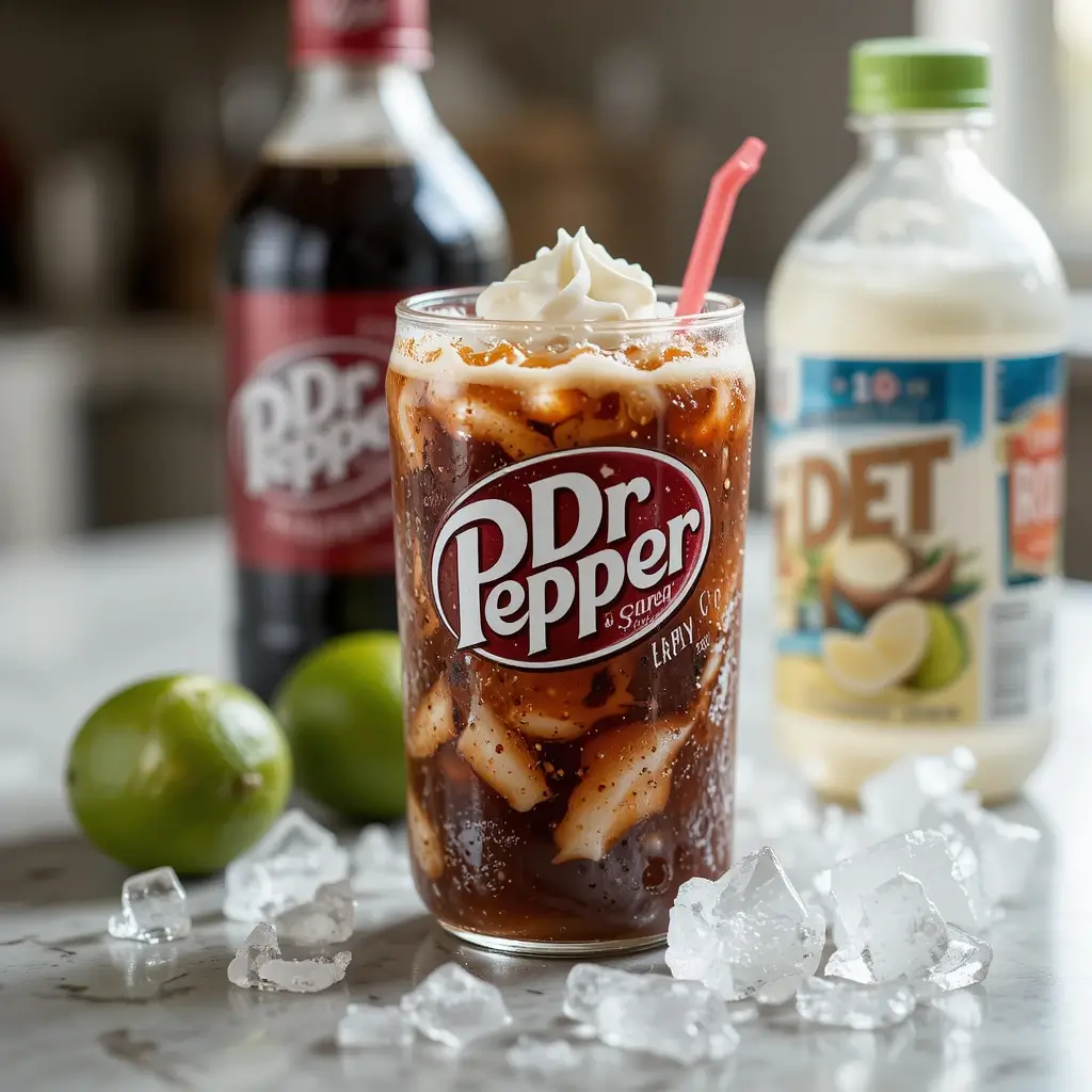 Ingredients for making a Dirty Dr Pepper. Dirty Dr Pepper ingredients like Dr Pepper, cream, and coconut syrup.
