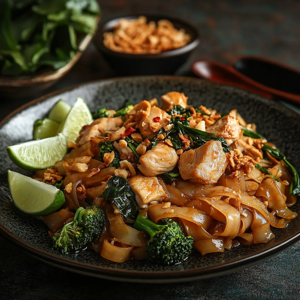 Authentic Phat Si-Io Recipe served with chicken, noodles, and Chinese broccoli