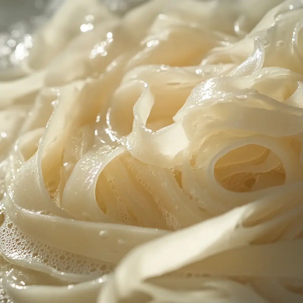 Preparing Noodles for Phat Si-Io Wide rice noodles soaking in water for phat si-io stir-fry