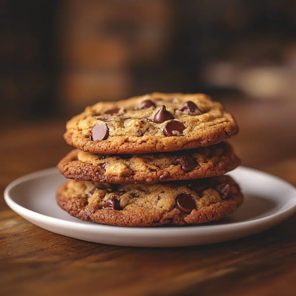 Crumbl-style chocolate chip cookies stacked on a plate