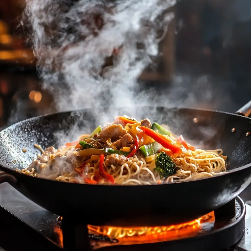 Cooking Phat Si-Io in a Wok Phat si-io stir-fry cooking in a wok, showing noodles, protein, and vegetables