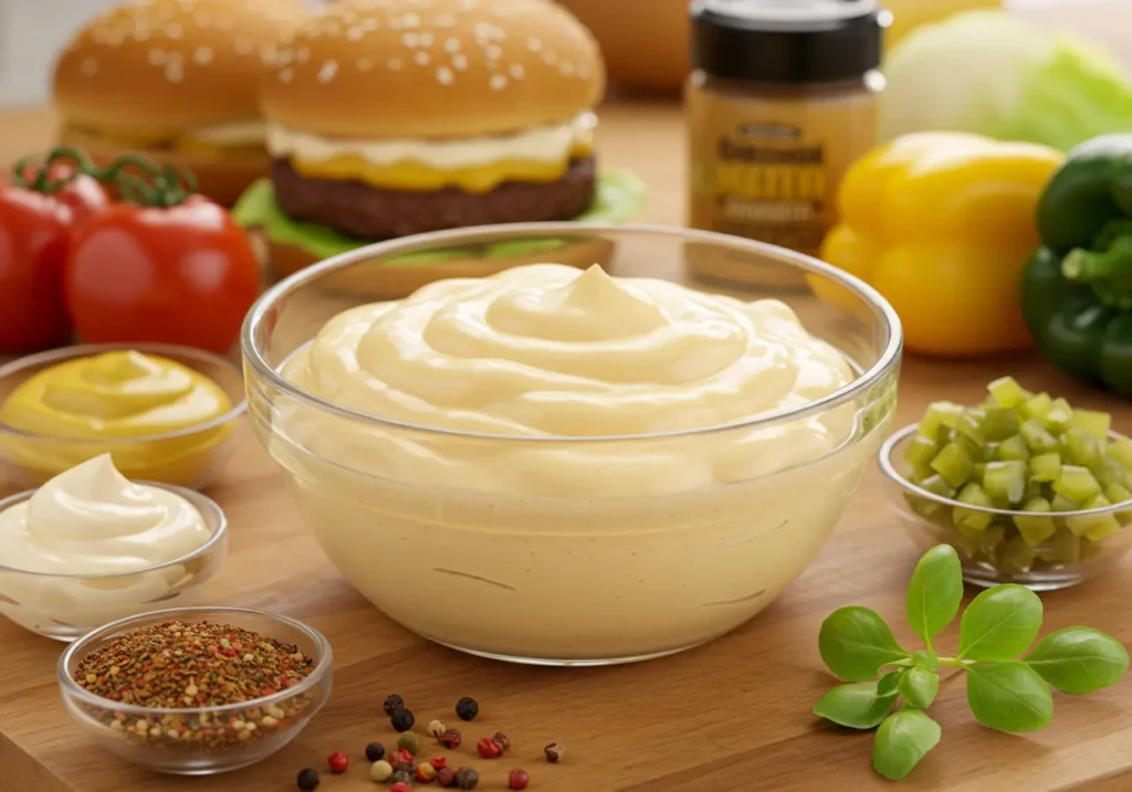 elicious homemade Mac Sauce Recipe in a bowl with ingredients on the counter.