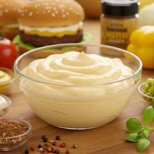 elicious homemade Mac Sauce Recipe in a bowl with ingredients on the counter.