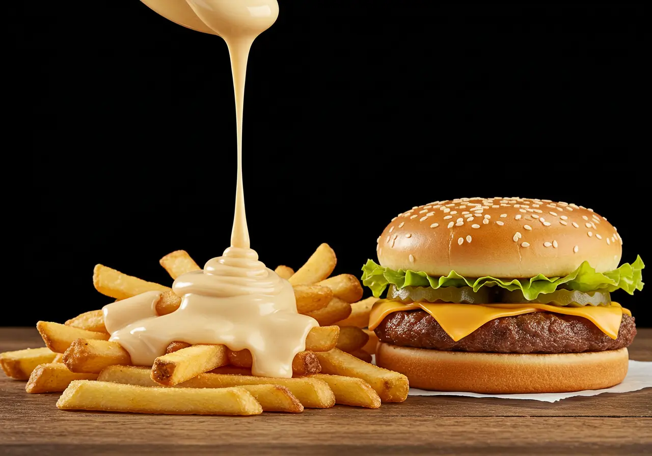 Mac Sauce Pairing with Fries and Burger Mac Sauce served as a dip for fries and a burger.
