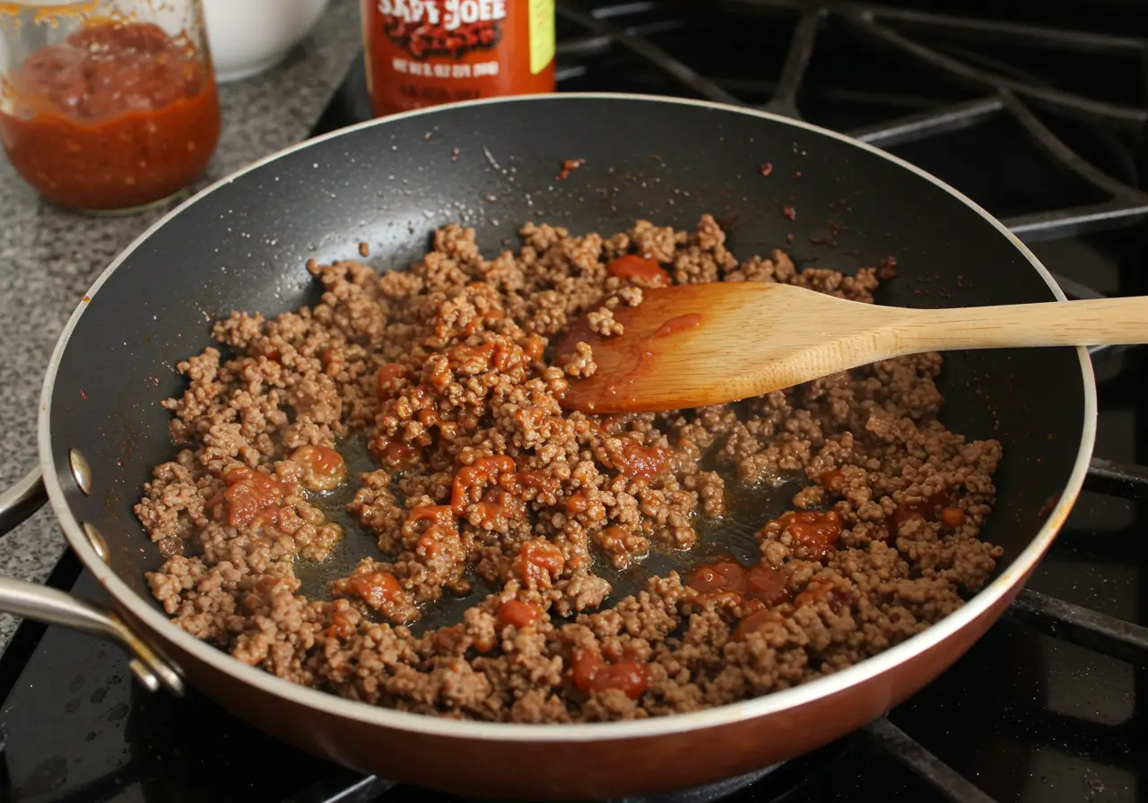 Browning Ground Beef for Sloppy Joe Ground beef being browned in a skillet for sloppy joe.