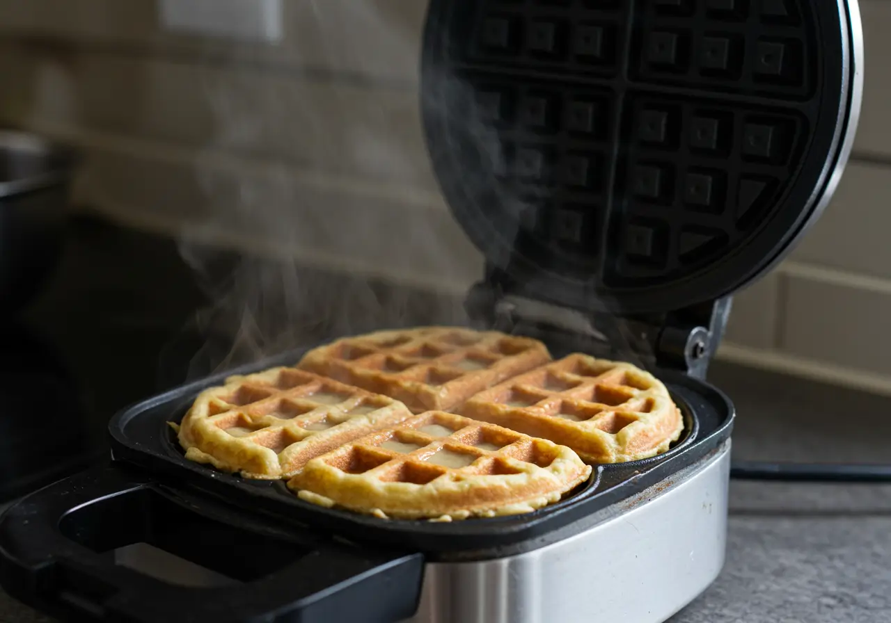 Banana Waffles Cooking in a Waffle Iron Banana waffles cooking in a waffle iron.
