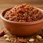 Salsa Macha in a rustic bowl with ingredients