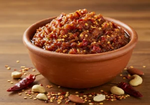 Salsa Macha in a rustic bowl with ingredients