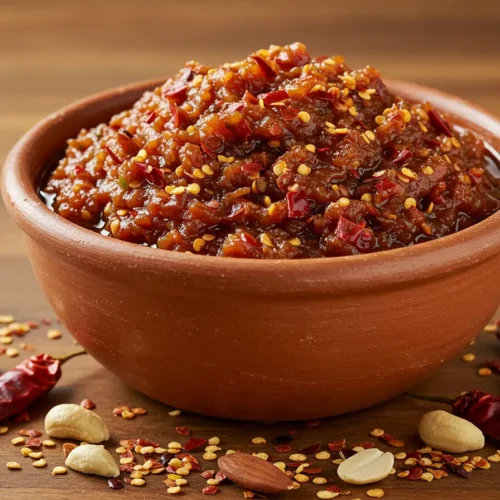 Salsa Macha in a rustic bowl with ingredients