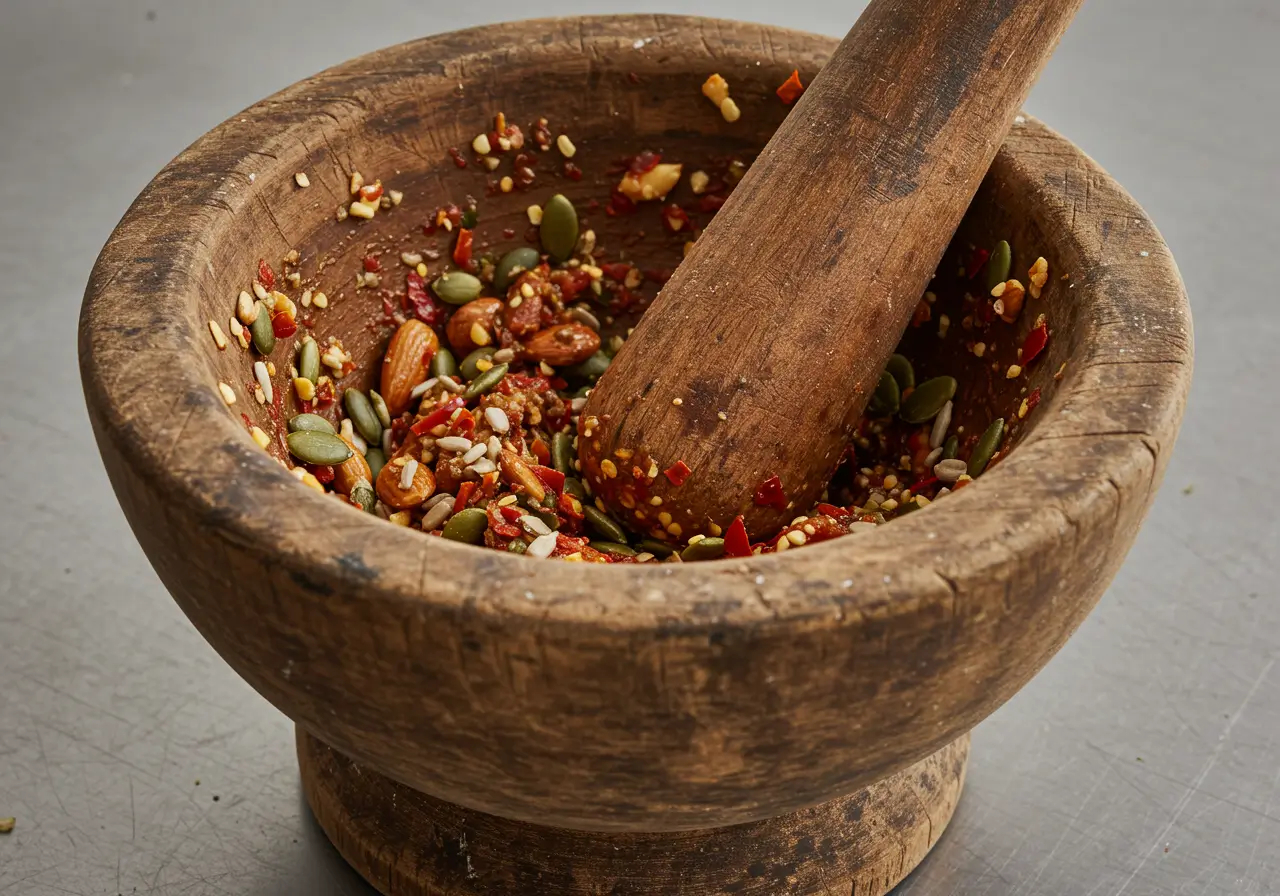 Grinding Salsa Macha Ingredients Grinding nuts and seeds in mortar for Salsa Macha