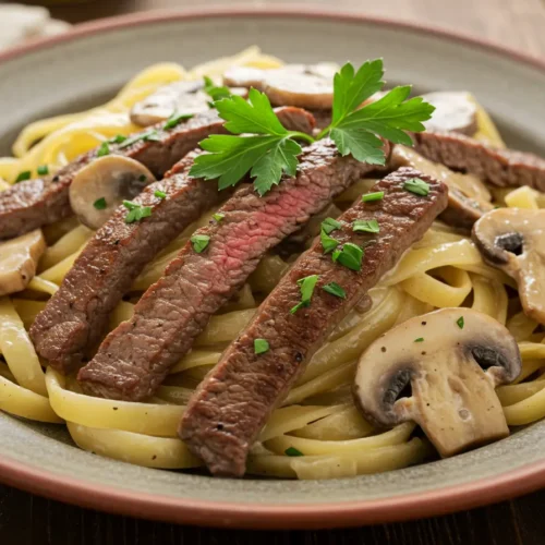 Steak and mushroom pasta dish