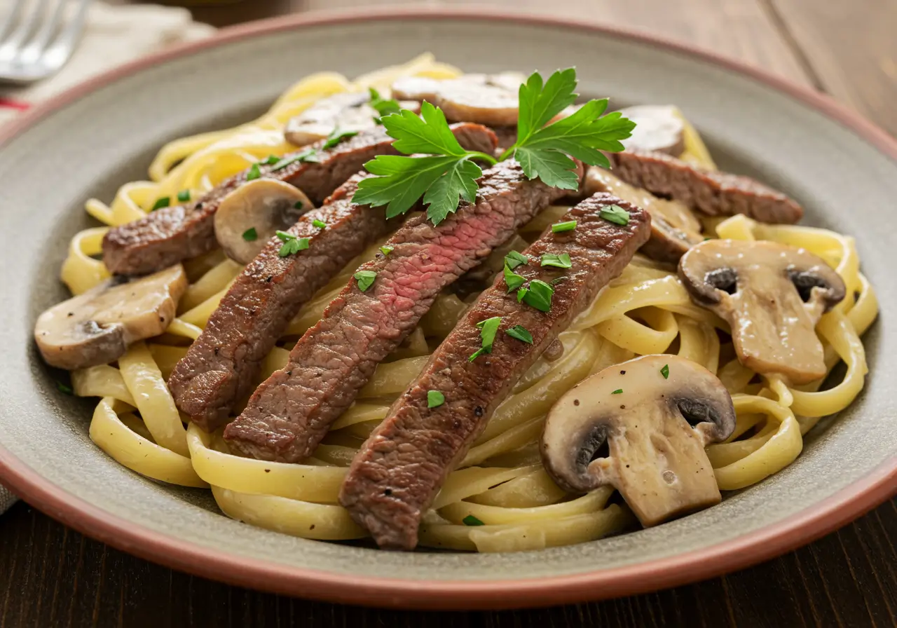 Steak and Mushroom Pasta Steak and mushroom pasta dish