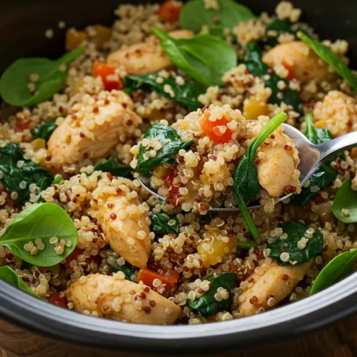 Close-up of chicken and quinoa in a crock pot