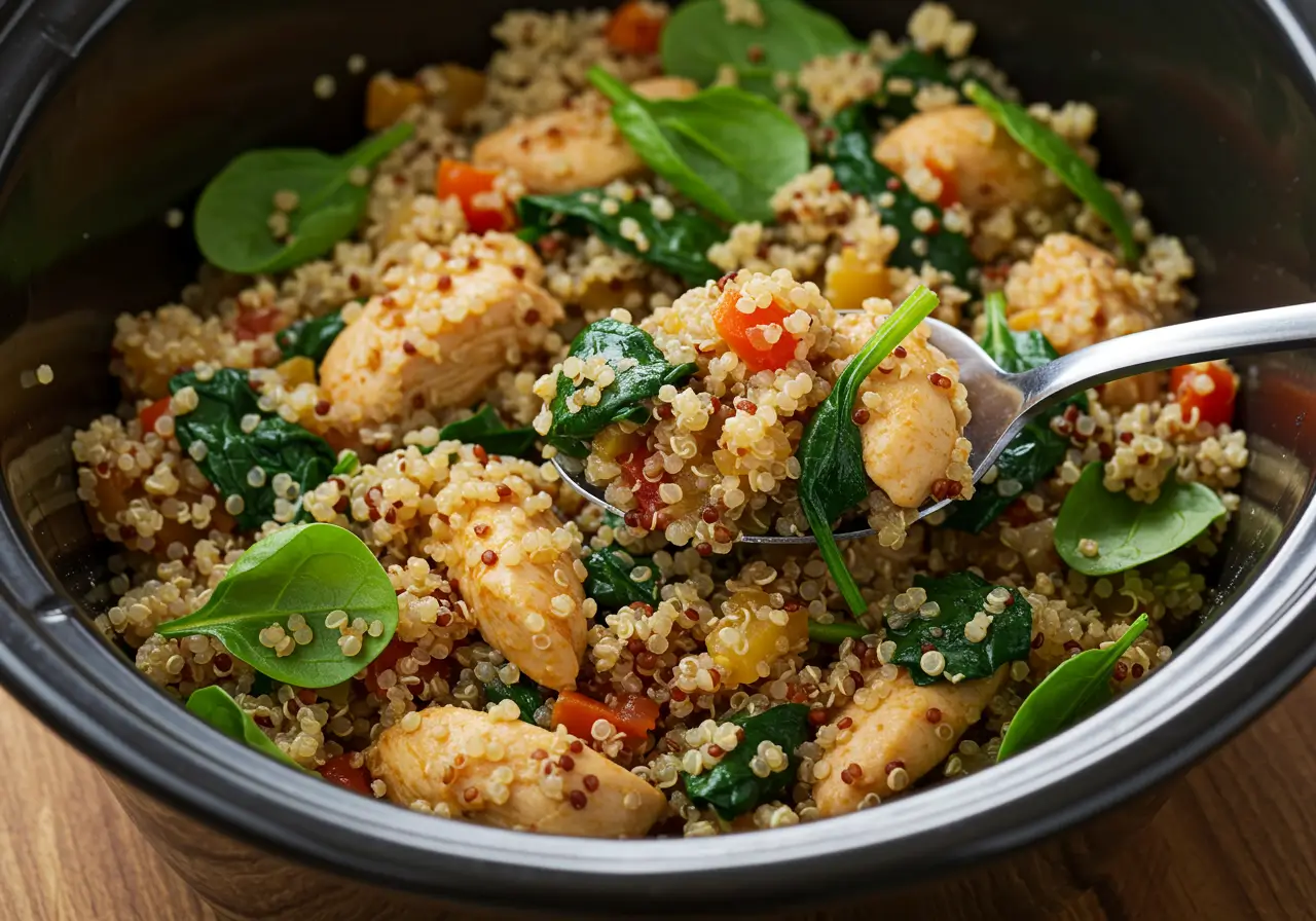 Close-up of chicken and quinoa in a crock pot