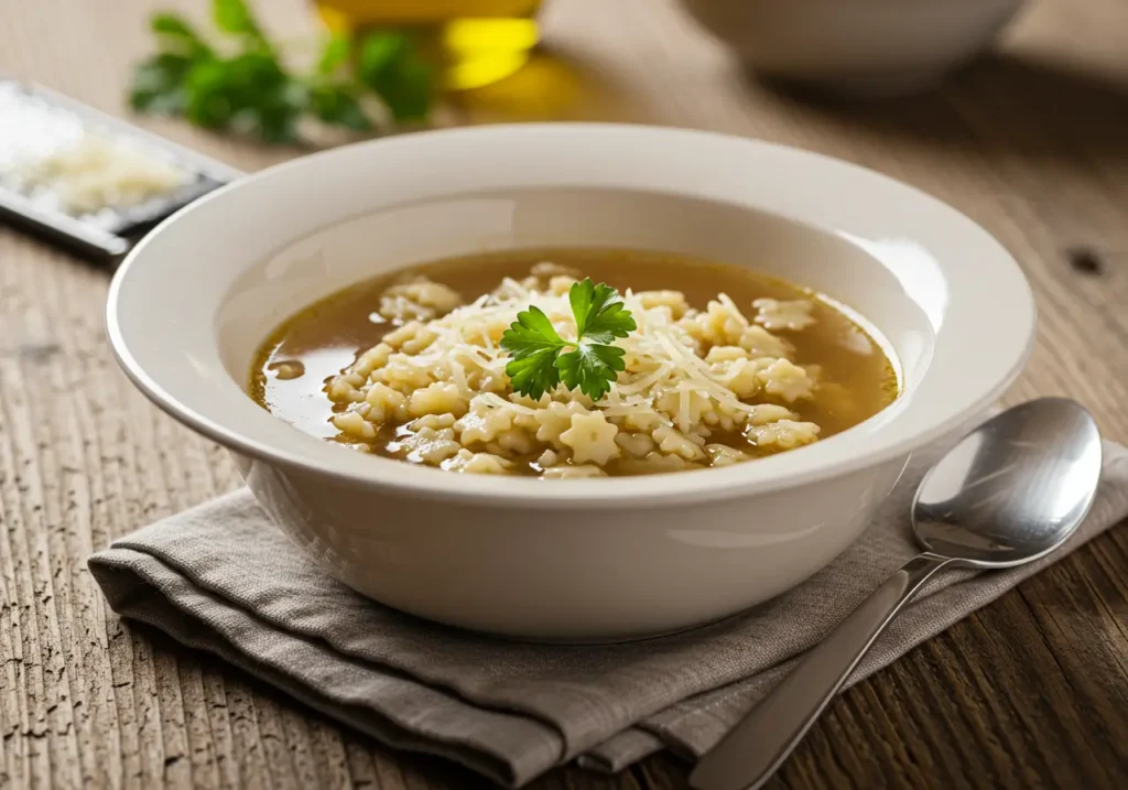 Bowl of classic Italian pastina recipe garnished with Parmesan and parsley