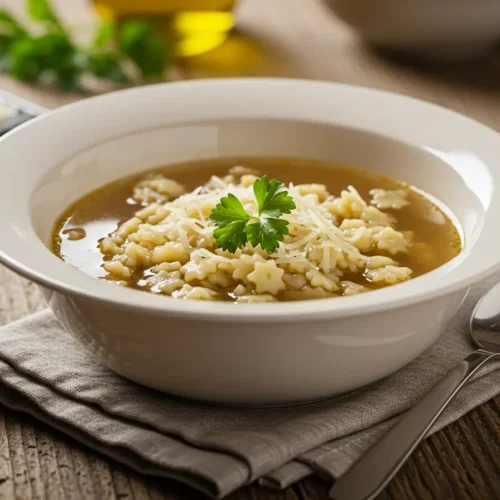 Bowl of classic Italian pastina recipe garnished with Parmesan and parsley