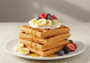 Fluffy banana waffle recipe topped with whipped cream.