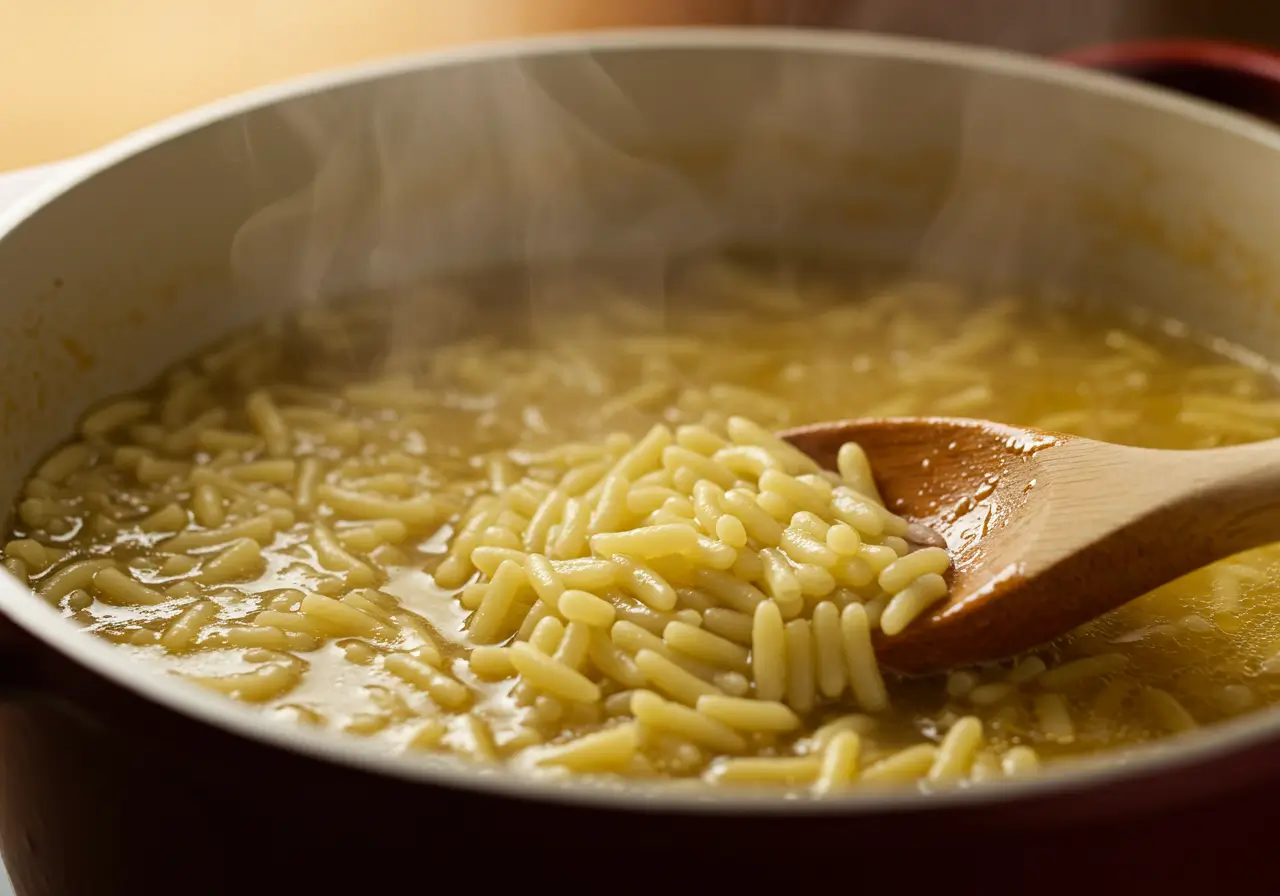 Cooking Pastina in Broth Pastina recipe simmering in broth with a wooden spoon