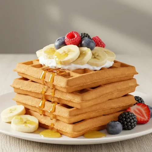 Fluffy banana waffle recipe topped with whipped cream.