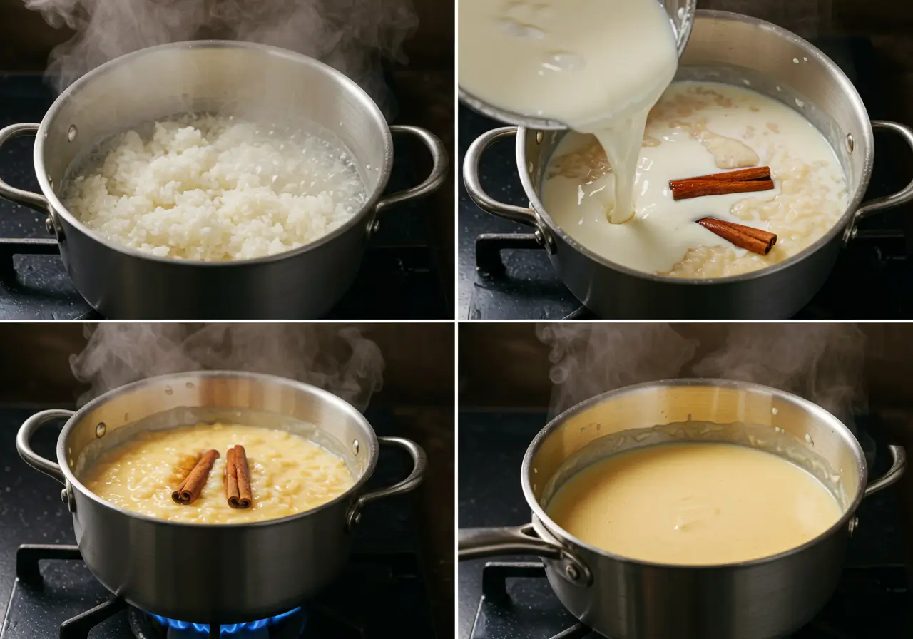 Preparing Arroz con Leche Cooking process of arroz con leche recipe.