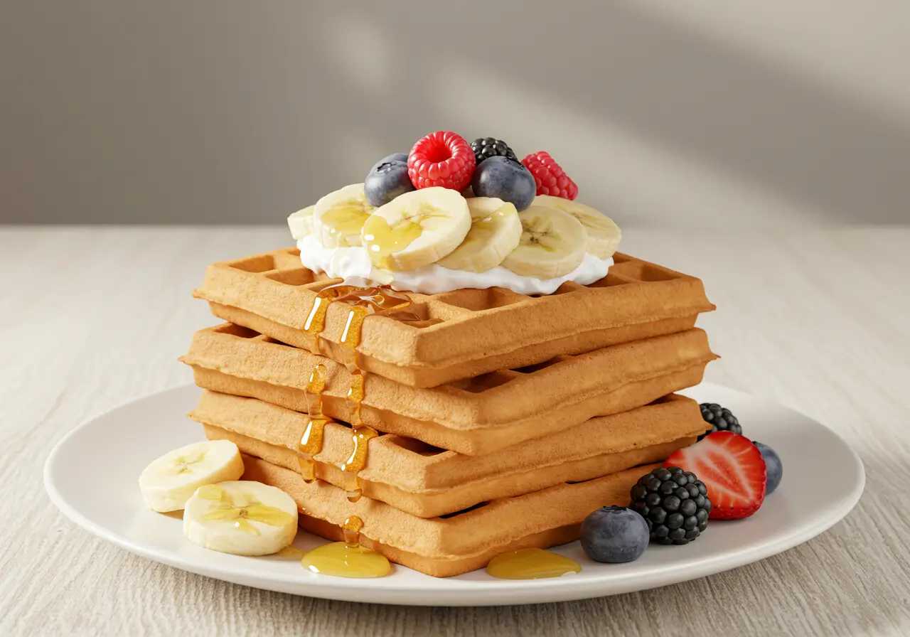 Fluffy banana waffle recipe topped with whipped cream.