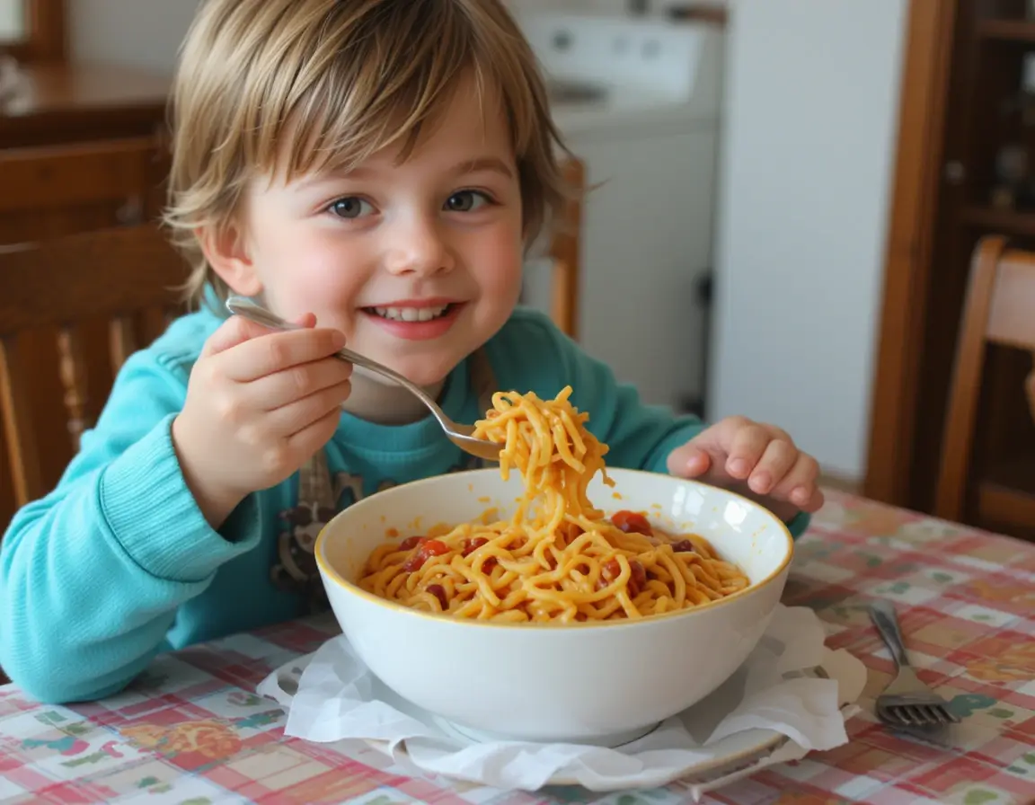 Child Enjoying Pastina Child eating a bowl of pastina recipe at the kitchen table